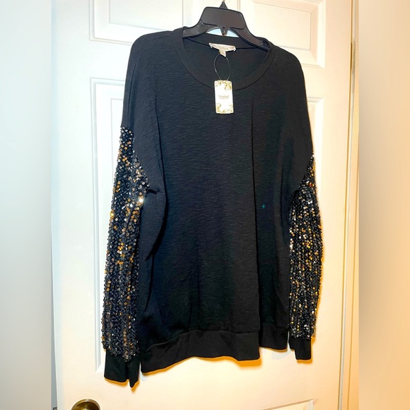 Weekend By Suzanne Betro Black Sweater Silver Sequined Sleeves Size 2X NWT - Picture 1 of 7